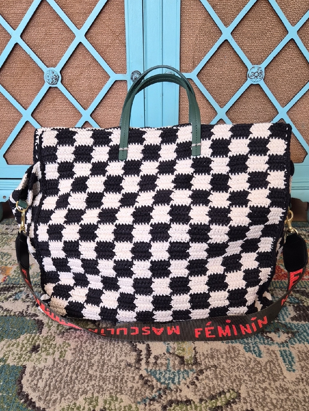 Clare V Black & White Woven Check Tote Bag with Green Handles And Shoulder Strap